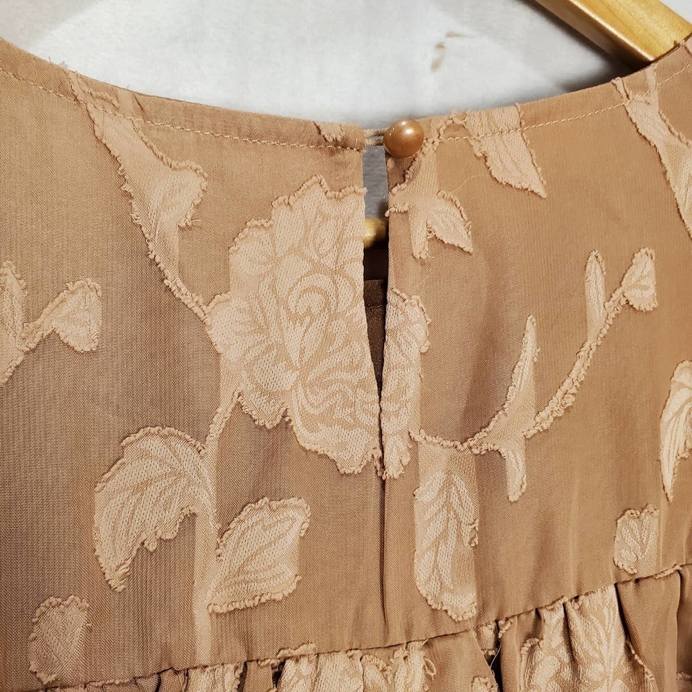Floral Blouse Womens Size XL Tan Boxy Layered Babydoll Burnout Bell Sleeve - Picture 7 of 10